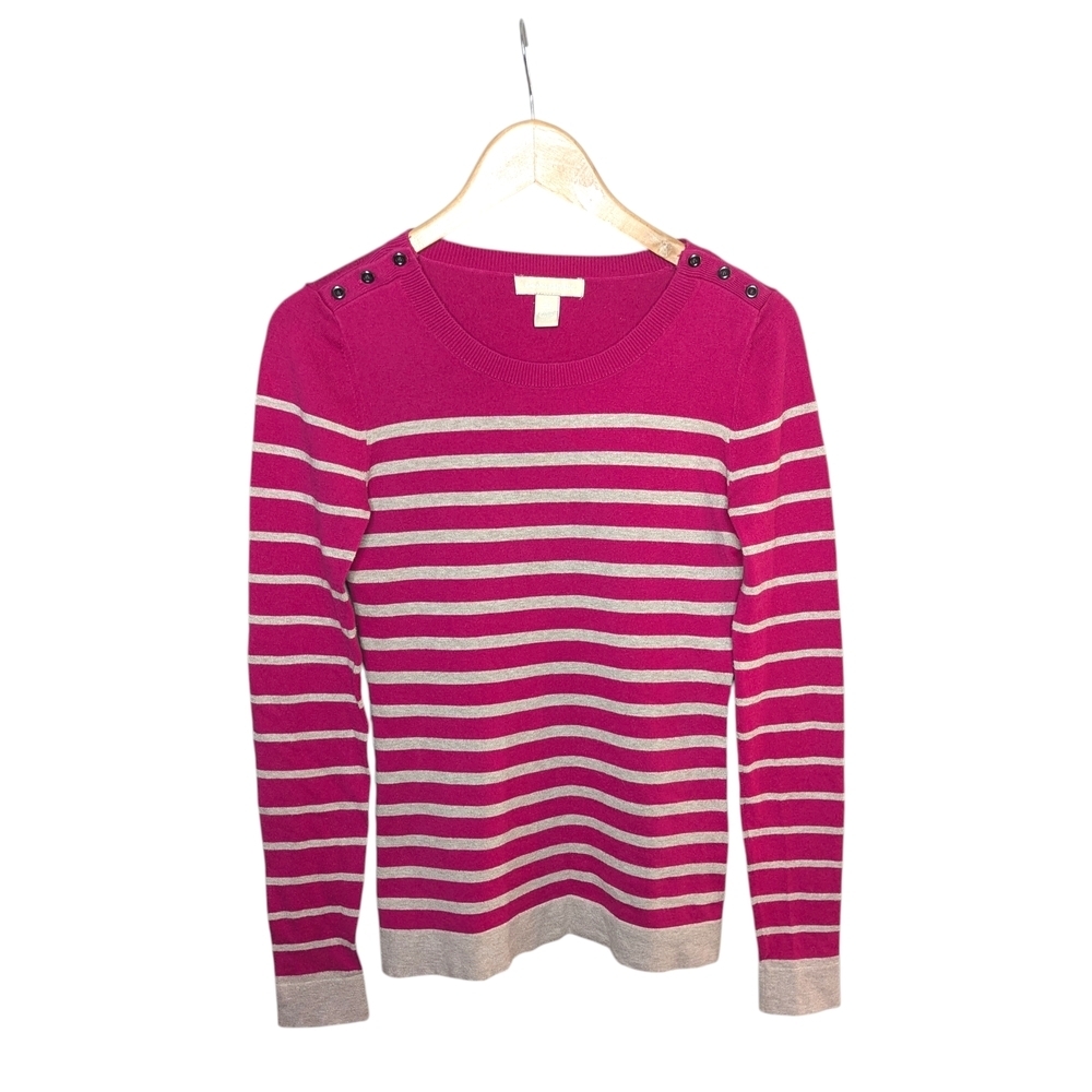 Banana Republic Sweater Small Pink Beige Striped Preppy Knit Shoulder Buttons